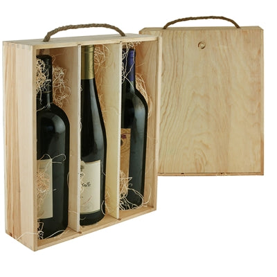 Winechest 3-Bottle Wooden Box W/ Rope Handle