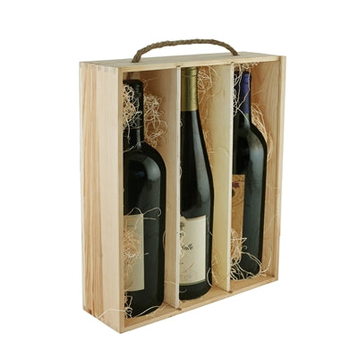 Winechest 3-Bottle Wooden Box W/ Rope Handle